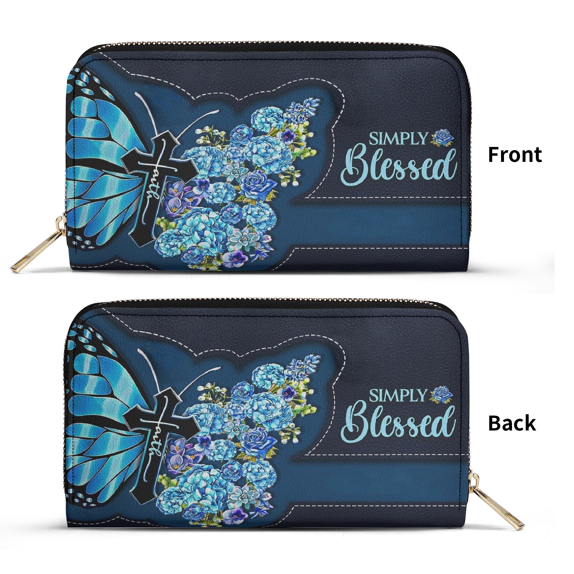 Simply Blessed Blue Butterfly Flower Leather Bag, Custom Name Bags, Jesus christian Bags. BLAF02